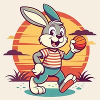 Easter Bunny Playing Basketball on the Beach. Vector Illustration.