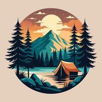 cámping en el lago en el montañas. vector ilustración en retro estilo.