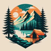 cámping en el lago en el montañas. vector ilustración en retro estilo.