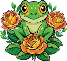 Cute frog with roses isolated on white background. Vector illustration.