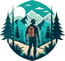 Vector illustration of a hiker with a backpack walking in the forest.