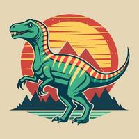 Dinosaur on the background of the sun and mountains. Vector illustration