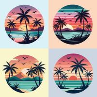 Set of palm trees and sunset. Vector illustration in flat style.