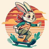 Pascua de Resurrección conejito montando un patineta en el antecedentes retro estilo vector