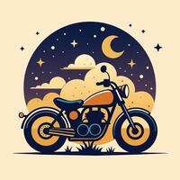 Motorcycle and moon in the night. Vector illustration in flat style.