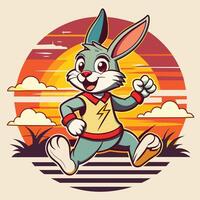 Conejo corriendo en el puesta de sol. vector ilustración