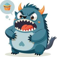 funny cartoon monster with cake sticker. Vector illustration.