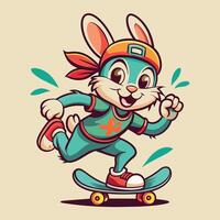 Rabbit riding a skateboard. Cartoon style. Vector illustration.