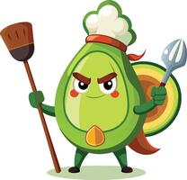 Avocado character with chef hat and wooden spatula. Vector illustration