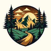 Illustration of a mountain road surrounded by coniferous forest  in retro style. vector