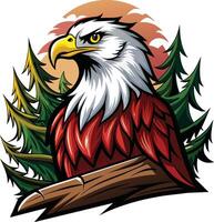 Eagle head with pine trees in the background. Vector illustration.