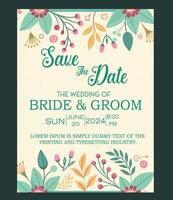 Wedding invitation card template with floral design elements. Vector illustration in retro style