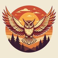 Owl flying on the background of the sunset. Vector illustration.