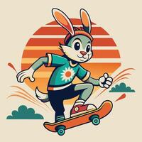 Easter bunny riding a skateboard on a background of the sun vector