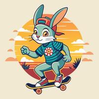 Vector illustration of a cute rabbit riding a skateboard. retro vintage