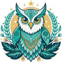 Owl with feathers and stars. Stylized vector illustration.