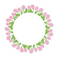 Flat hand drawn wreath made of tulips. Vector illustration isolated on white background. Spring nature concept. Ideal for as template for greetings, banner and background