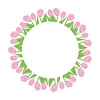 Flat hand drawn wreath made of tulips. Vector illustration isolated on white background. Spring nature concept. Ideal for as template for greetings, banner and background