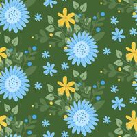 Bold seamless pattern with flat stylized flowers. Springtime or summer concept on dark background. Flat hand drawn colored elements. Trendy print design for textile, wallpaper, interior, wrapping vector