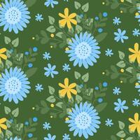 Bold seamless pattern with flat stylized flowers. Springtime or summer concept on dark background. Flat hand drawn colored elements. Trendy print design for textile, wallpaper, interior, wrapping vector