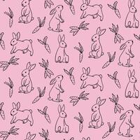 Spring seamless pattern with outline bunnies and carrots. Black doodle elements on pink color. Spring holiday design for decoration, wrapping, banner vector