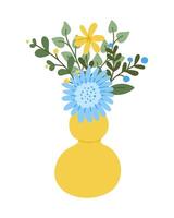 Flat illustration with flowers in yellow modern vase. Flat hand drawn colored elements on white background. Unique print design for printout, poster, interior. Spring modern concept vector