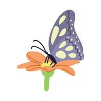 Hand drawn butterfly on flower in flat style isolated on white background. Spring concept. Ideal for decoration, stickers, greetings, banner and background vector