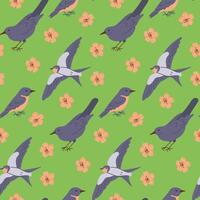 Spring floral seamless pattern with flat birds on green background. Flat hand drawn birds. Unique print design for textile, wallpaper, interior, wrapping. Spring concept vector