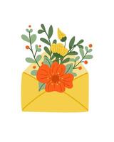 Hand drawn envelope with floral composition. Flat hand drawn colored stylized elements on white background. Unique print design for printout, poster, interior. Spring modern concept vector