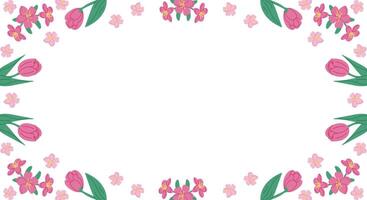 Spring horizontal floral banner template on white background. Frame template or design print with hand drawn tulips and cherry blossom. Good for banner, background, social media graphics vector