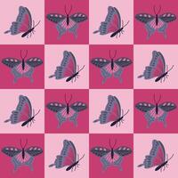 Contrast geometric seamless pattern with butterfly. Flat hand drawn insects in contrast squares. Unique retro print design for textile, wallpaper, interior, wrapping. Spring concept vector