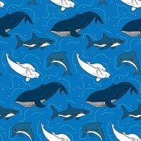 Flat seamless pattern with underwater animals. Contour sketchy animals beluga, dolphin, shark, whale on blue background. Trendy childish print design for textile, wallpaper, wrapping vector