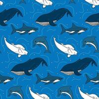 Flat seamless pattern with underwater animals. Contour sketchy animals beluga, dolphin, shark, whale on blue background. Trendy childish print design for textile, wallpaper, wrapping vector