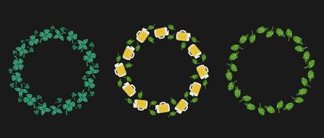 Flat Irish culture wreath on black background. Contrast composition. Beer concept. Isolated vector elements St Patricks Day or Octoberfest decoration. Unique print design