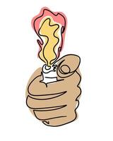 Drawing in boho style of hand with fire. Hand drawn single line icon of human hand with lighter. Contour vector composition isolated on white background