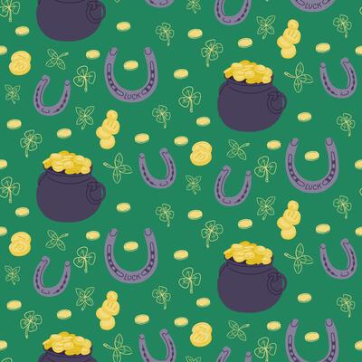 Lucky elements green seamless pattern. Flat hand drawn pot with coins, horseshoe and clover with four leaves. St Patricks day traditional concept. Unique print design for textile, wallpaper, wrapping