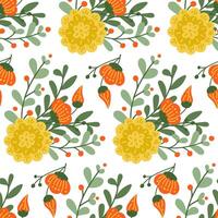 Bright stylized bunch of abstract flowers pattern. Springtime or summer concept. Flat hand drawn colored elements on white background. Trendy print design for textile, wallpaper, interior, wrapping vector