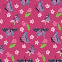 Spring floral seamless pattern with butterflies on dark pink background. Dark theme. Flat hand drawn insects . Unique print design for textile, wallpaper, interior, wrapping. Spring concept vector