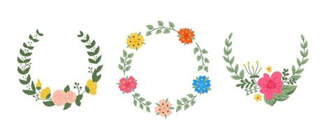 Set of flat stylized hand drawn floral wreaths. Holiday concept. Sketchy hand drawn abstract flowers and branches isolated on white background. Ideal for as template for greetings, banner, background vector