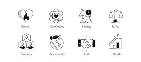 Business Core Values. Corporate values, cultural ethos, ethical standards, guiding principles, organizational culture. Flat Thin Line Icon Set with Passion, Ethics, Goals, Growth, and More. vector