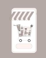 Cosmetics online store. Shopping cart with conditioners, shampoo and hair treatment on smartphone screen. vector