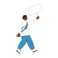 Young man walking and holding blank banner. vector