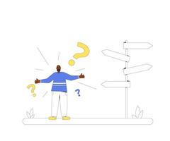 Man standing at signpost. Make a balanced decision. vector