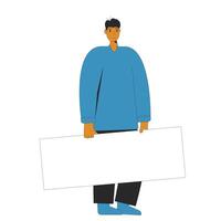 Young man holding blank banner. vector