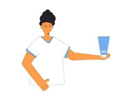 Portrait of woman with dark curly hair holding a bottle with hairstyling gel product. vector