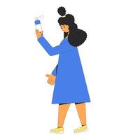 Young woman spray her dark curly hair. vector