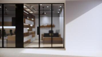 Office interior, stylish open space with gray walls and wood, tiled floor, panoramic window with city view and row of gray and wooden computer desks, hallway with open door. 3D rendering. photo