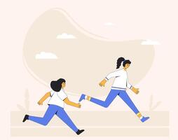 Runners teenagers. Joggers. Two young woman in spors clothes running at a track stadium. vector