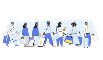 Graduates with travel bags. Brain drain. vector