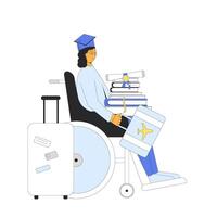 Graduate in wheelchair traveling abroad. Brain drain vector